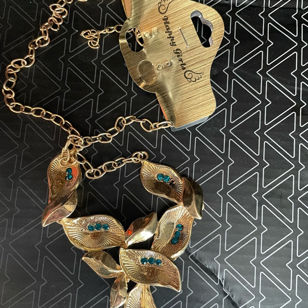 Gold Leaf Necklace with Blue Accents
